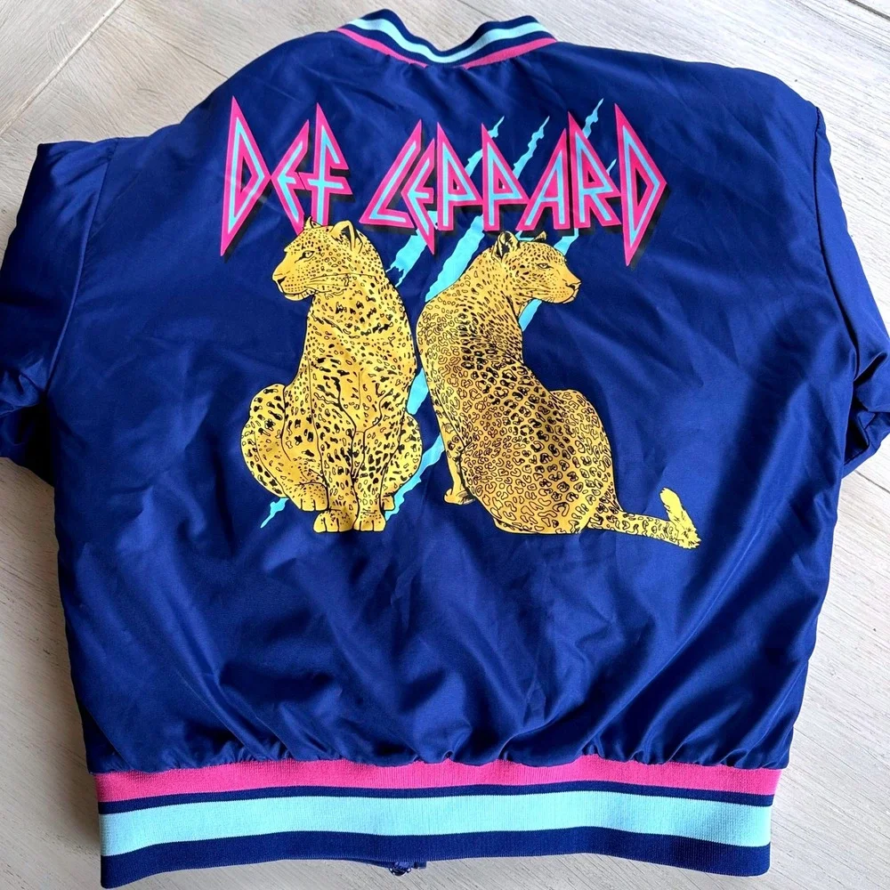 Kids Navy Blue/Purple Def Leppard 1980's Rock Paw Print Bomber Jacket Size 10 12